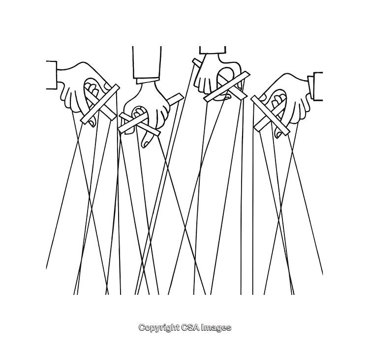 Black and White Line Art of Hands Controlling Multiple Strings
