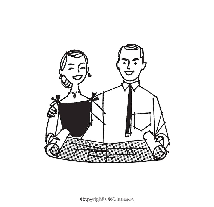Retro Artwork Depicting a Happy Couple with Architectural Drawings
