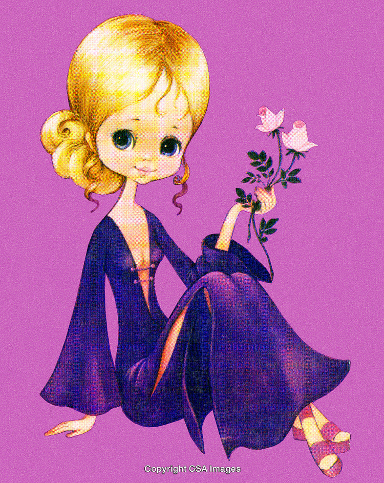 Charming Illustration of a Cute Girl Holding Pink Roses in Stylish Attire