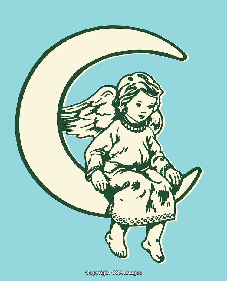 Vintage Angel Illustration Sitting on Crescent Moon with Light Blue Background