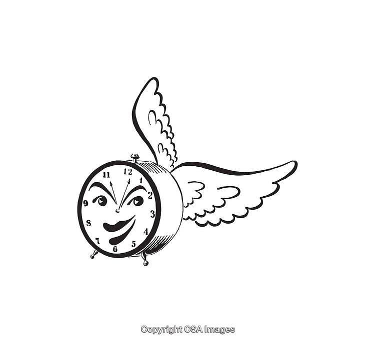 Illustrated Clock With Wings Symbolizing Time and Speed in Black and White