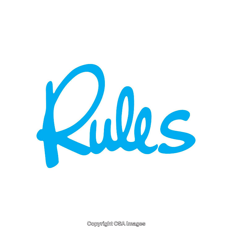 Blue Handwritten Rules Word on a Clean White Background