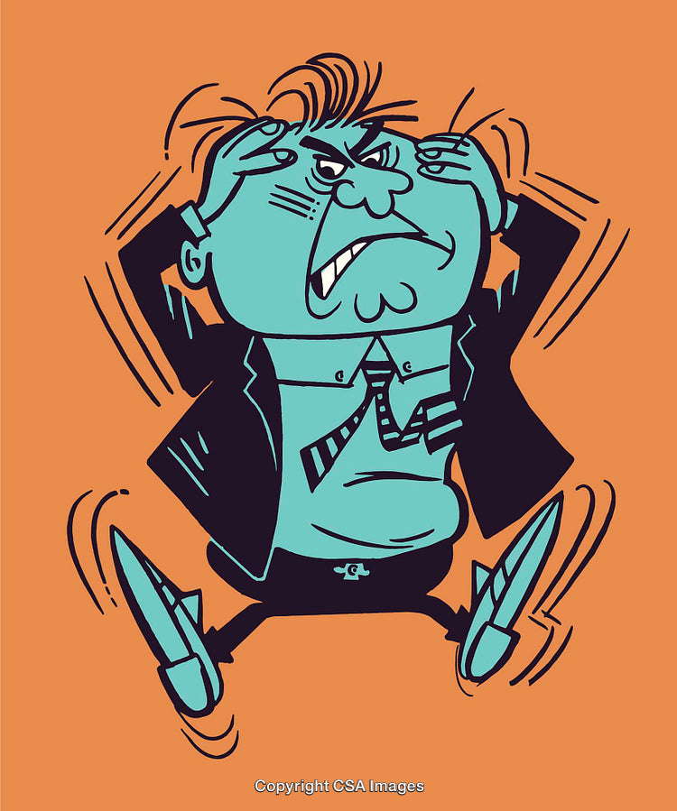Frustrated Cartoon Character in Business Attire Holding His Head in Stress