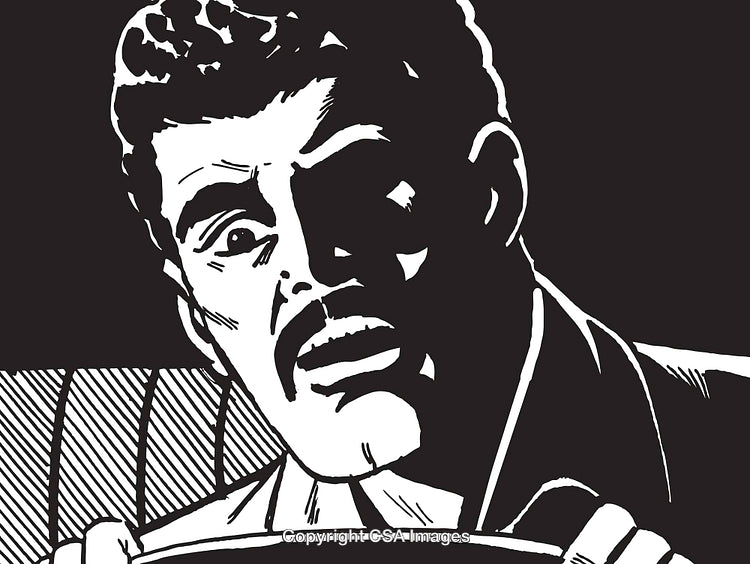 Retro Black-And-White Illustration of a Shocked Man's Expression in Close-Up