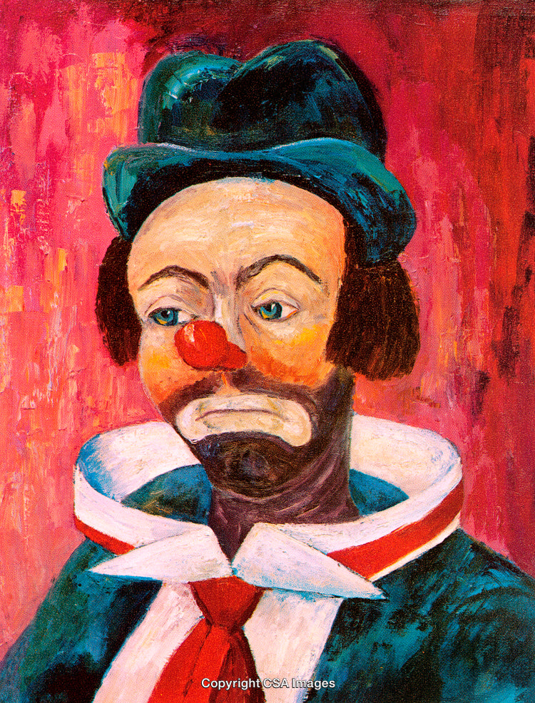 Colorful Expressionist Painting Portraying a Sad Clown in Vibrant Red Tones