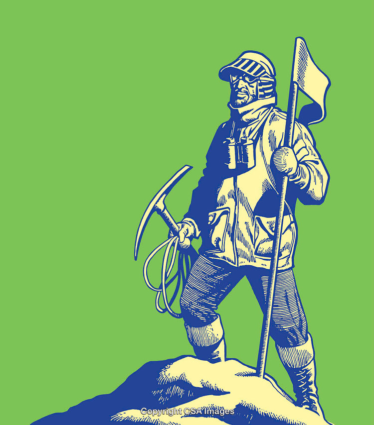 Retro Styled Explorer Atop Summit Holding Flag Line Art Illustration