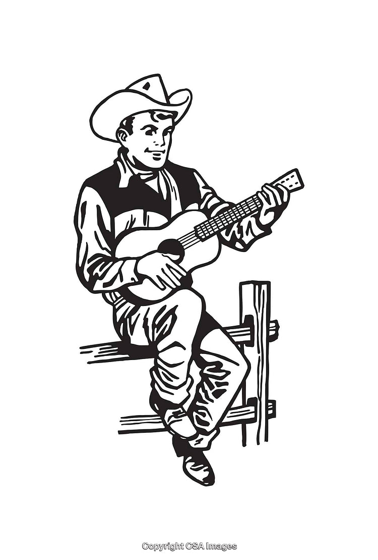 Black and White Illustration of a Cowboy Playing Guitar on Fence