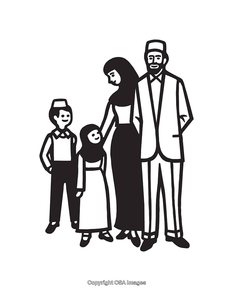Black and White Line Art of a Family in Traditional Attire