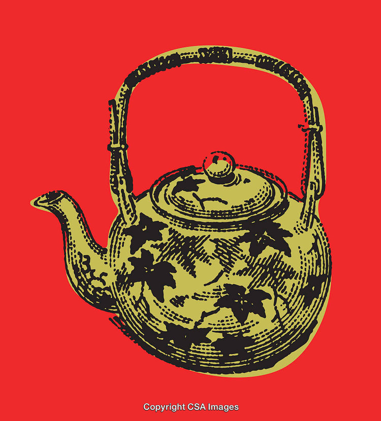 Golden Teapot Line Art Illustration on Bold Red Background
