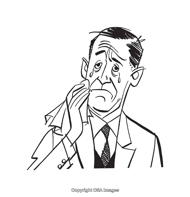 Black and White Line Art of a Crying Businessman Using a Handkerchief