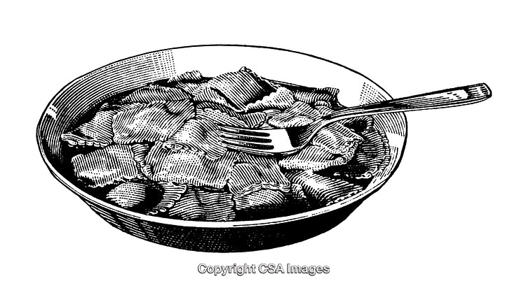 Black and White Engraving of a Bowl of Pasta with Fork Illustration