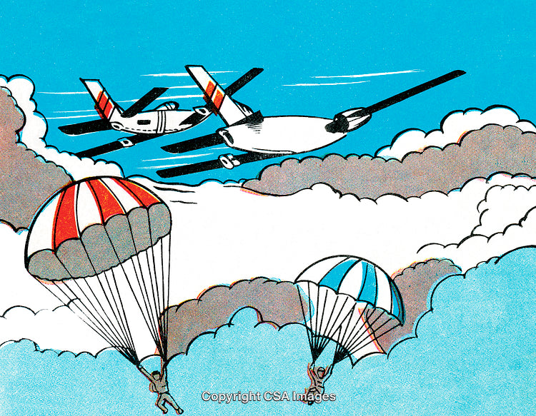 Colorful Illustrated Scene of Planes and Parachutists in the Sky