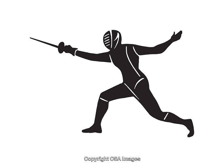 Black and White Illustration of Fencing Athlete in Action Pose
