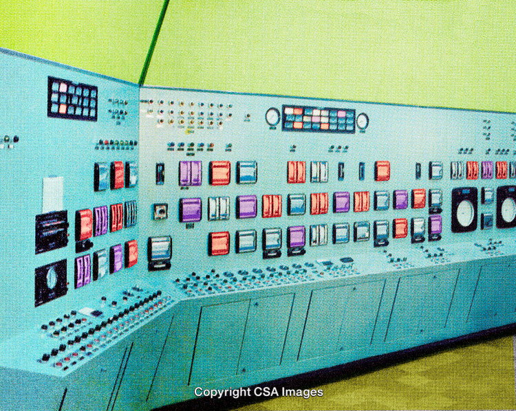 Control Room with Vintage Equipment and Illuminated Panels