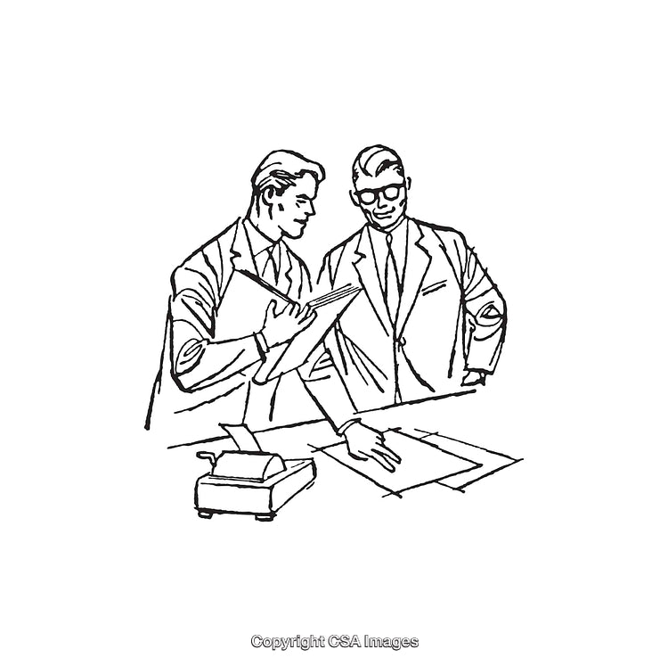 Professionals Collaborating at a Desk in Retro Line Art Illustration