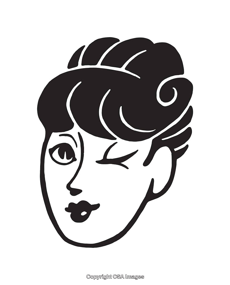 Retro Black and White Line Art Illustration of a Winking Woman