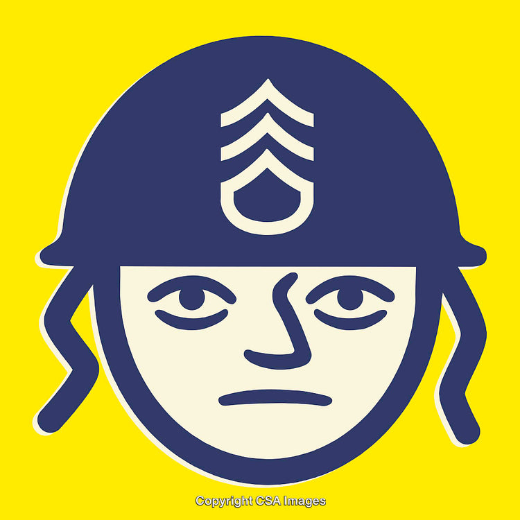 Illustrated Military Helmet and Serious Face in Yellow and Blue