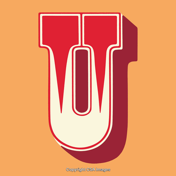 Bold Retro Letter U with Red and Cream Colors on Orange Background