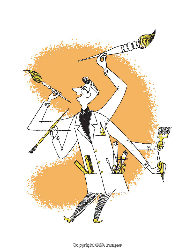 Creative Multitasking Artist Using Paintbrushes in a Fun Illustration