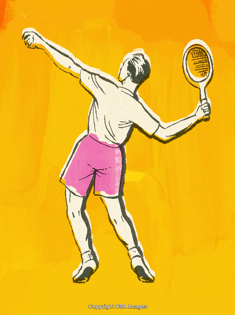 Illustration of a Tennis Player Serving in a Vibrant Dynamic Pose on Yellow