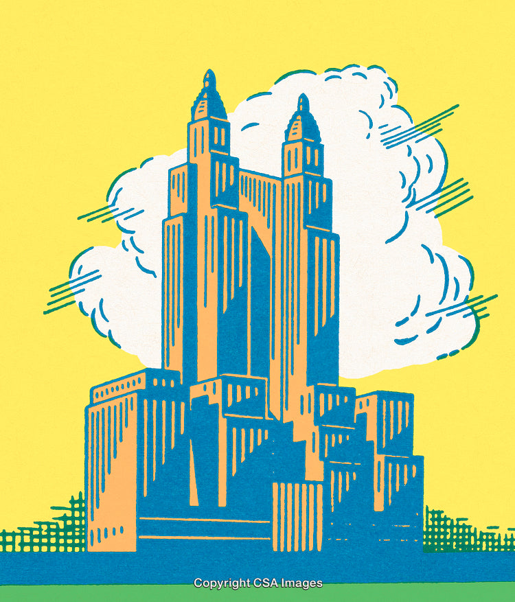 Artistic Illustration of Urban Skyscrapers Against a Bright Yellow Background