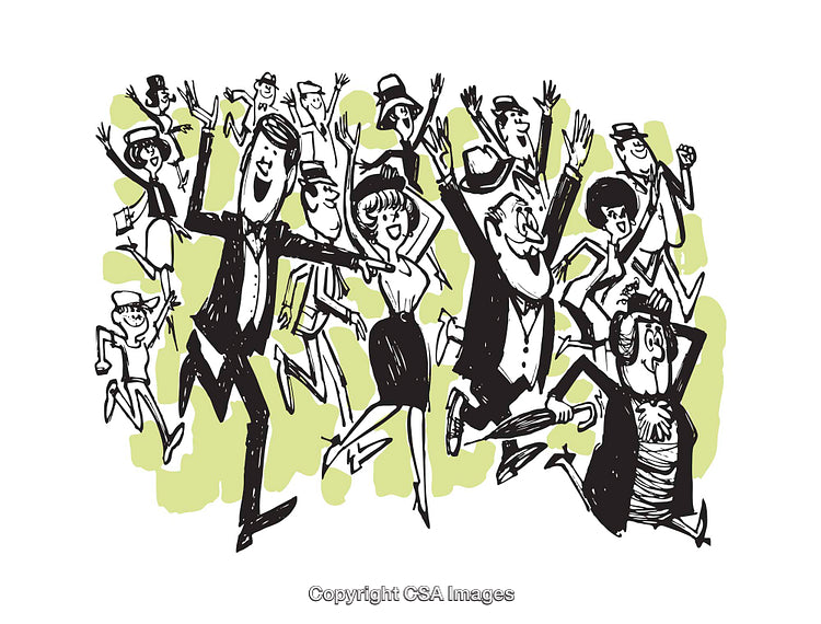 Energetic Cartoon Crowd Dancing in Joyful Handmade Ink Sketch Style