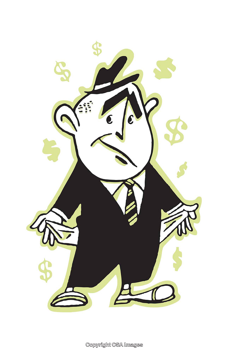 Cartoon Illustration of a Worried Businessman Displaying Empty Pockets