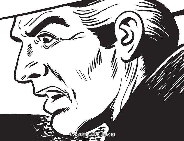 Vintage Black and White Illustration of a Man's Intense Expression