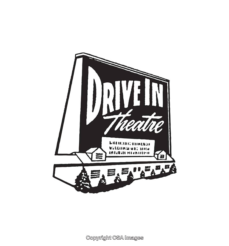 Vintage Black and White Drive-In Theatre Illustration Depicting Retro Atmosphere