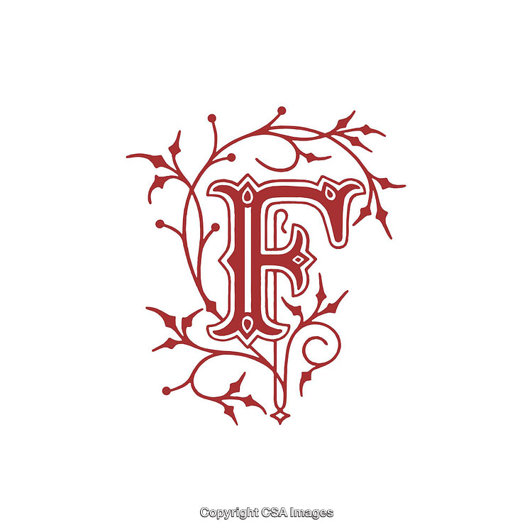 Elegant Red Floral Design Featuring Ornate Letter F on White Background