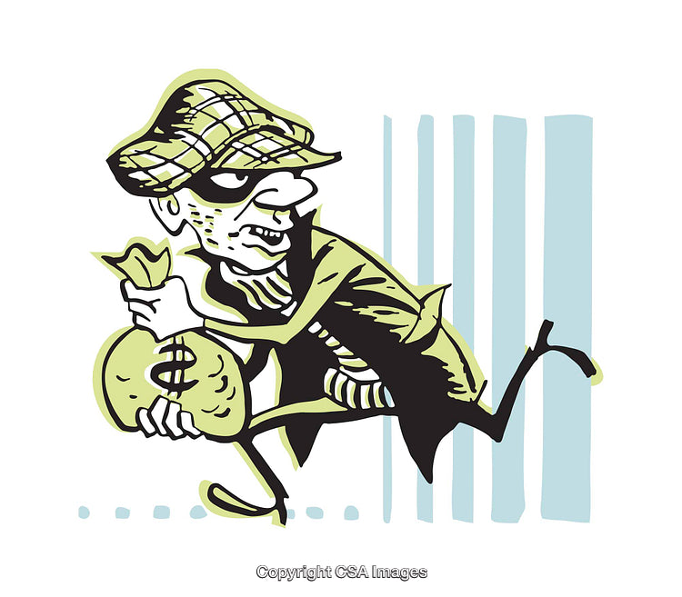 Cartoon Illustration of a Sneaky Thief Carrying a Money Bag