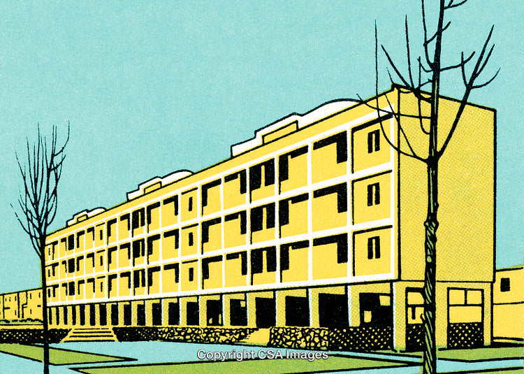 Illustrative Graphic of Modern Apartment Building with Trees in Urban Setting