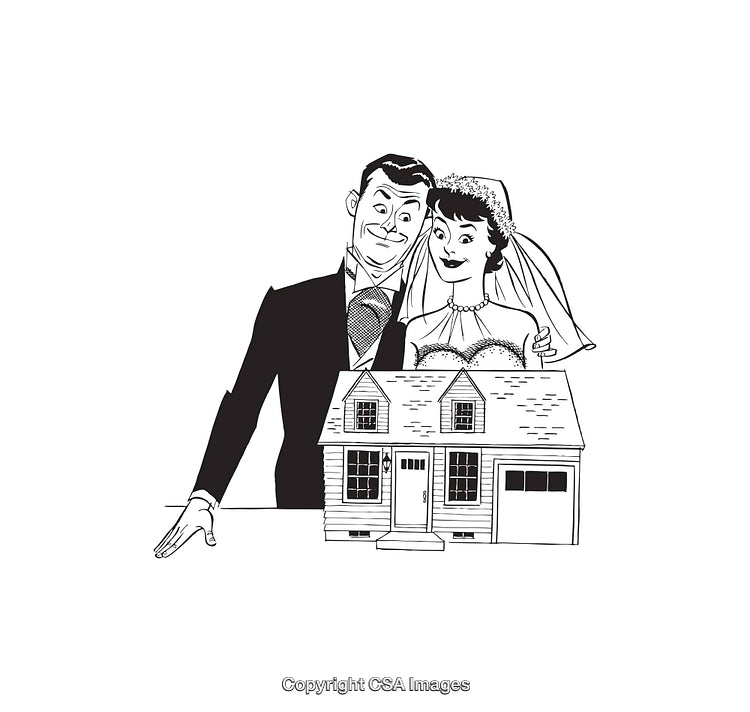 Retro Illustration of a Happy Married Couple with a House