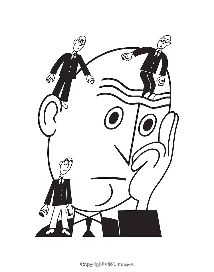 Conceptual Black and White Line Art Depicting Thought and Reflection
