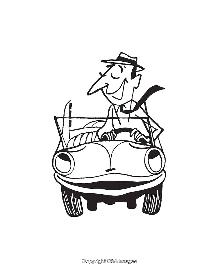 Smiling Man Driving with a Hat in a Cartoon Car