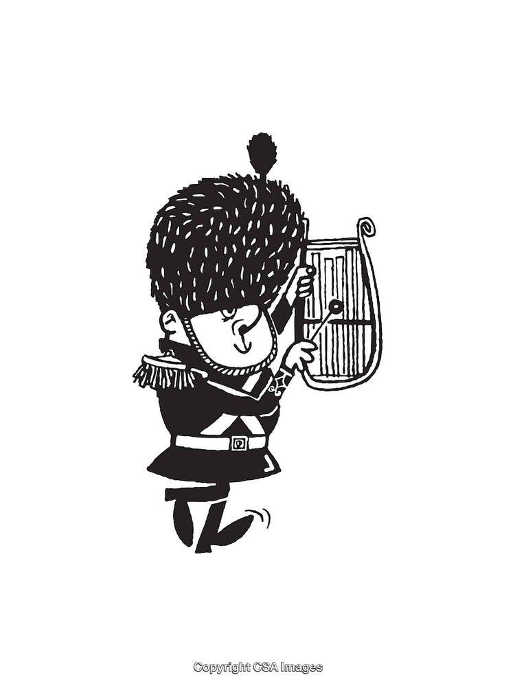 Black and White Cartoon of Guard Playing Musical Instrument