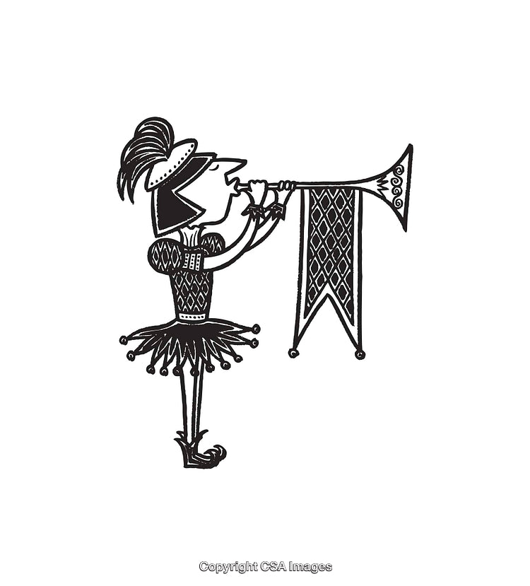 Black and White Illustration of a Herald Trumpet Playing Character