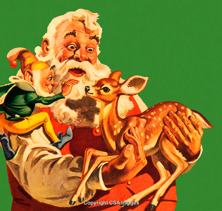 Santa Holding a Fawn with an Elf on His Shoulder