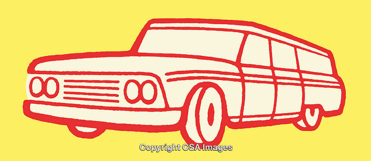 Retro Style Line Art Illustration of a Vintage Car on Yellow Background