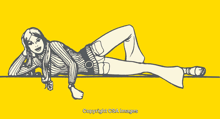 Colorful Retro Line Art Illustration of Woman in Fashionable Pose