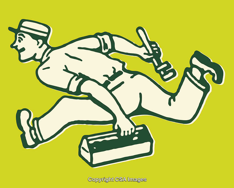 Vintage Line Art of a Worker Running With Toolbox and Tools