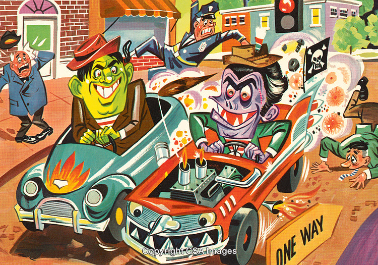 Cartoon Characters Racing in Wacky Cars Through a Colorful City Street Scene