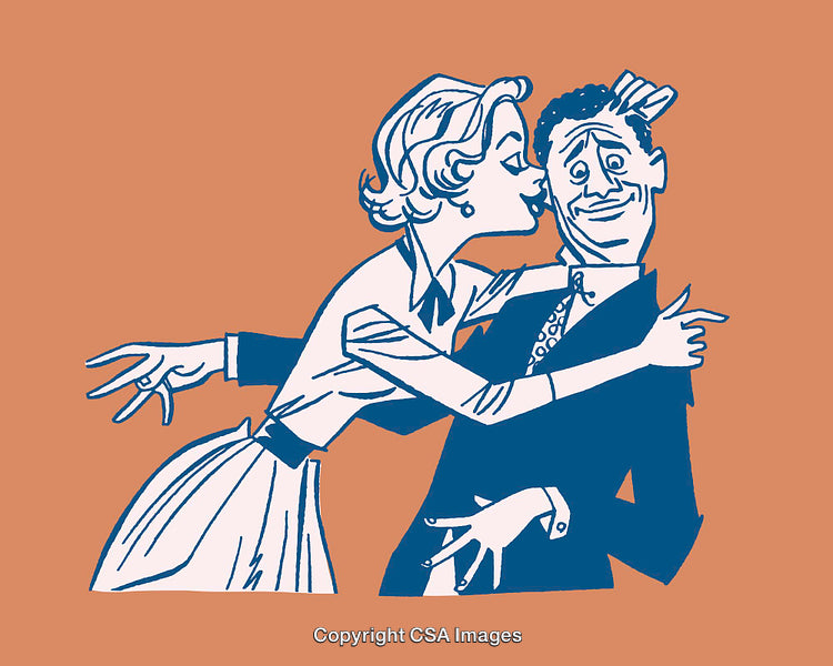Retro Style Illustration of Woman Playfully Kissing a Mesmerized Man