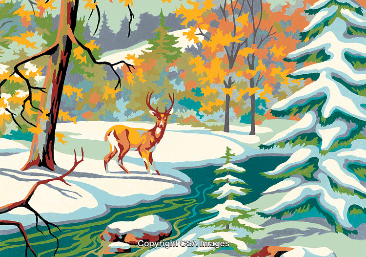 Scenic Forest Illustration of Deer by Snowy Stream in Autumn