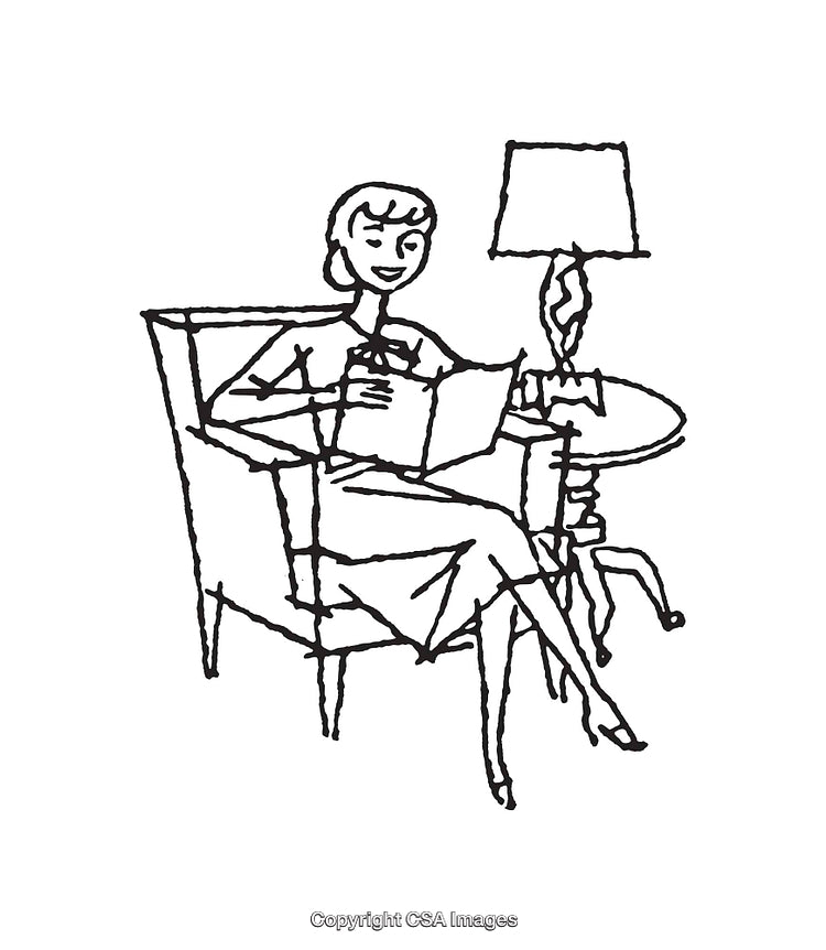 Black and White Line Art of Woman Reading in Chair