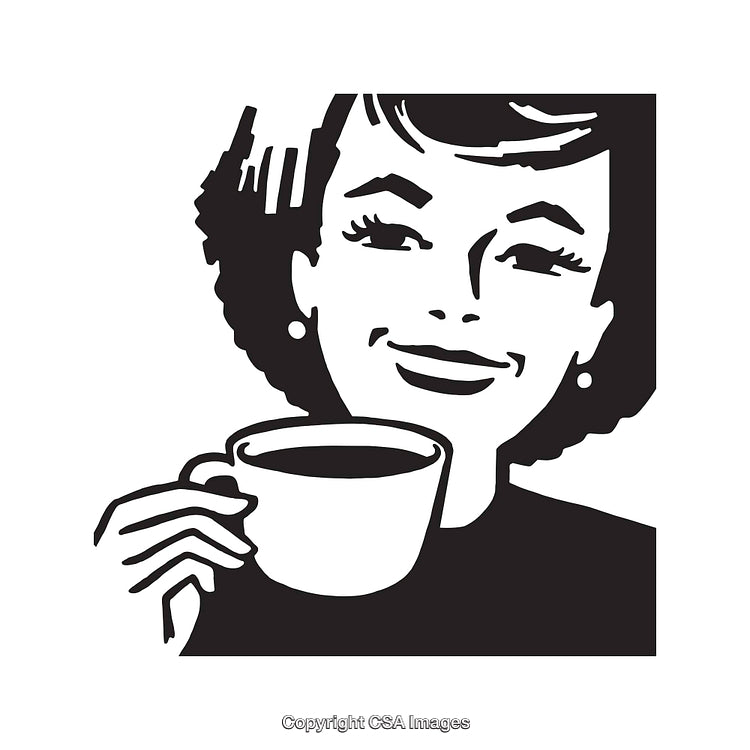 Vintage Style Black and White Illustration of Woman Holding Coffee Cup