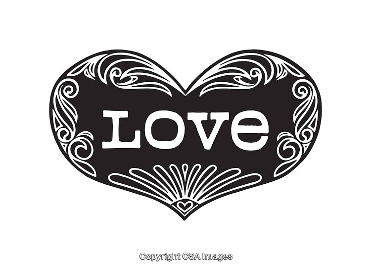 Decorative Black and White Heart Illustration with Love Text Inside