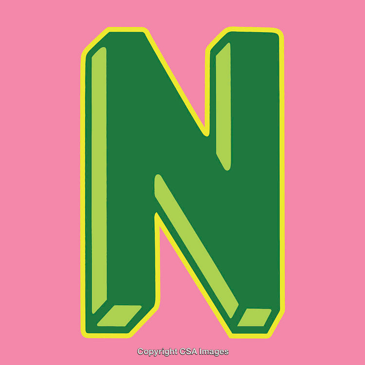 Bold Green Letter N on Vibrant Pink Background with Yellow Outline
