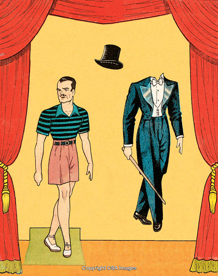 Surreal Collage of Transformation Featuring A Man and a Floating Tuxedo Costume