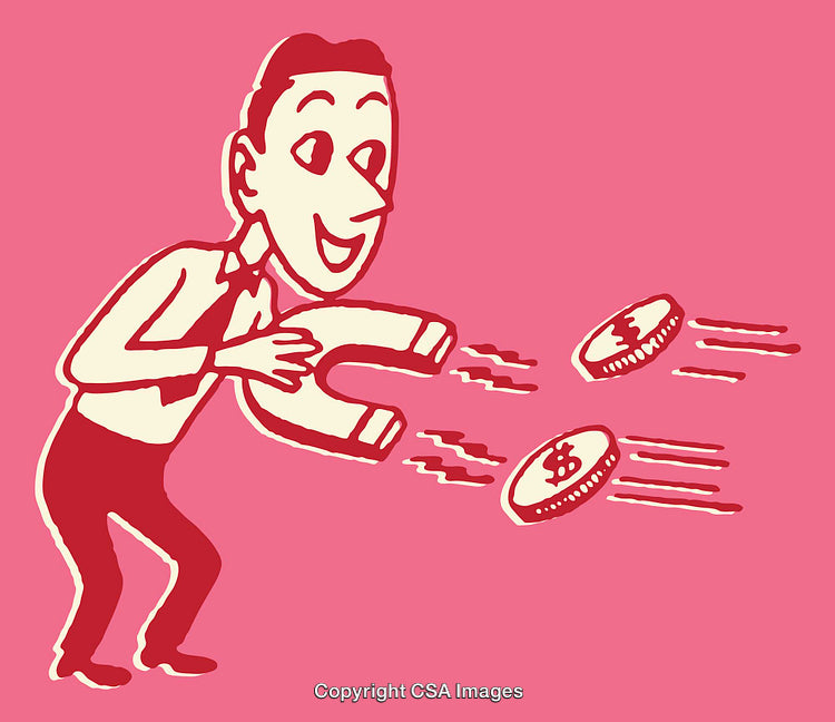 Retro Styled Illustration of Man Attracting Money with Magnet